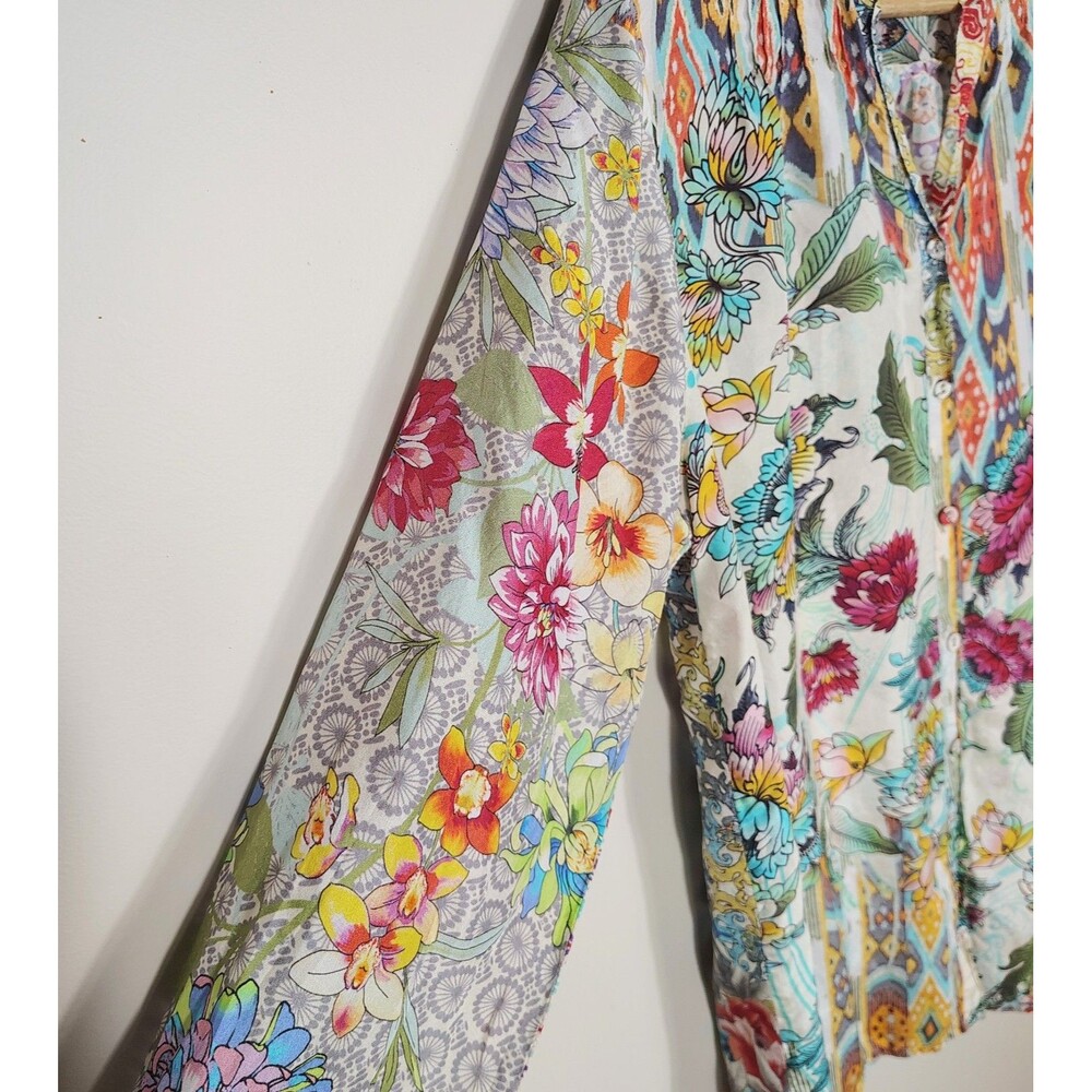Johnny Was Womens Boho Silk Blouse Size S Floral Patchwork Peasant Art To Wear - Picture 8 of 10